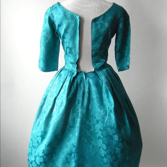 Vintage 1950 Teal Satin Damask Dress - Picture 4 of 6